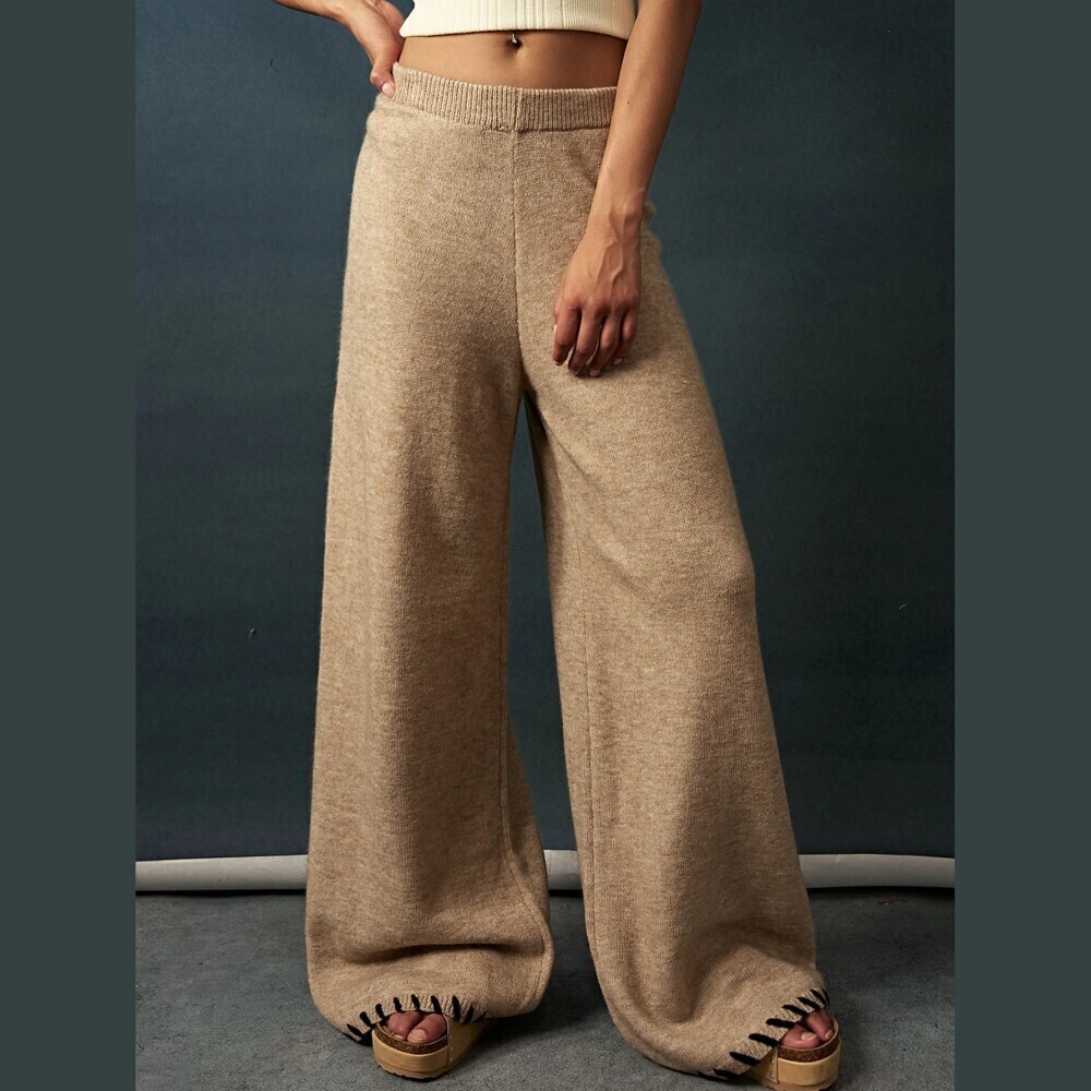 Tan Knit Wide Leg High Waist Sweater Pants with Whipstitch Hem